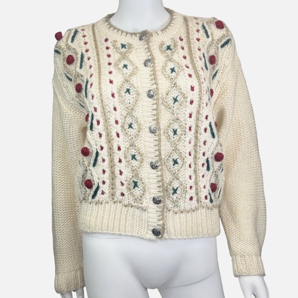 Russ Petites Knit Cardigan Sweater Womens L Ivory Acrylic Embroidered Buttons